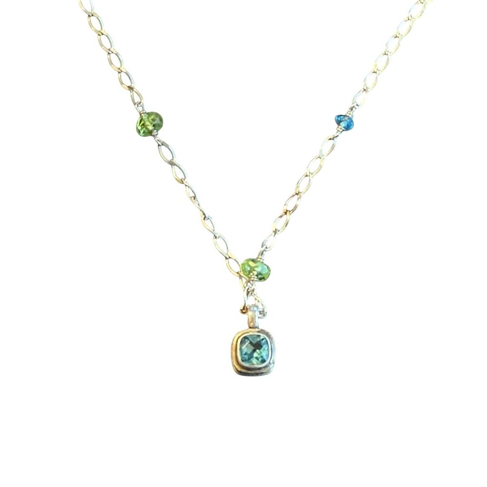 Topaz Pendant Sterling Silver Necklace Multi-Color stone Beads 16"-18" Adjustabl